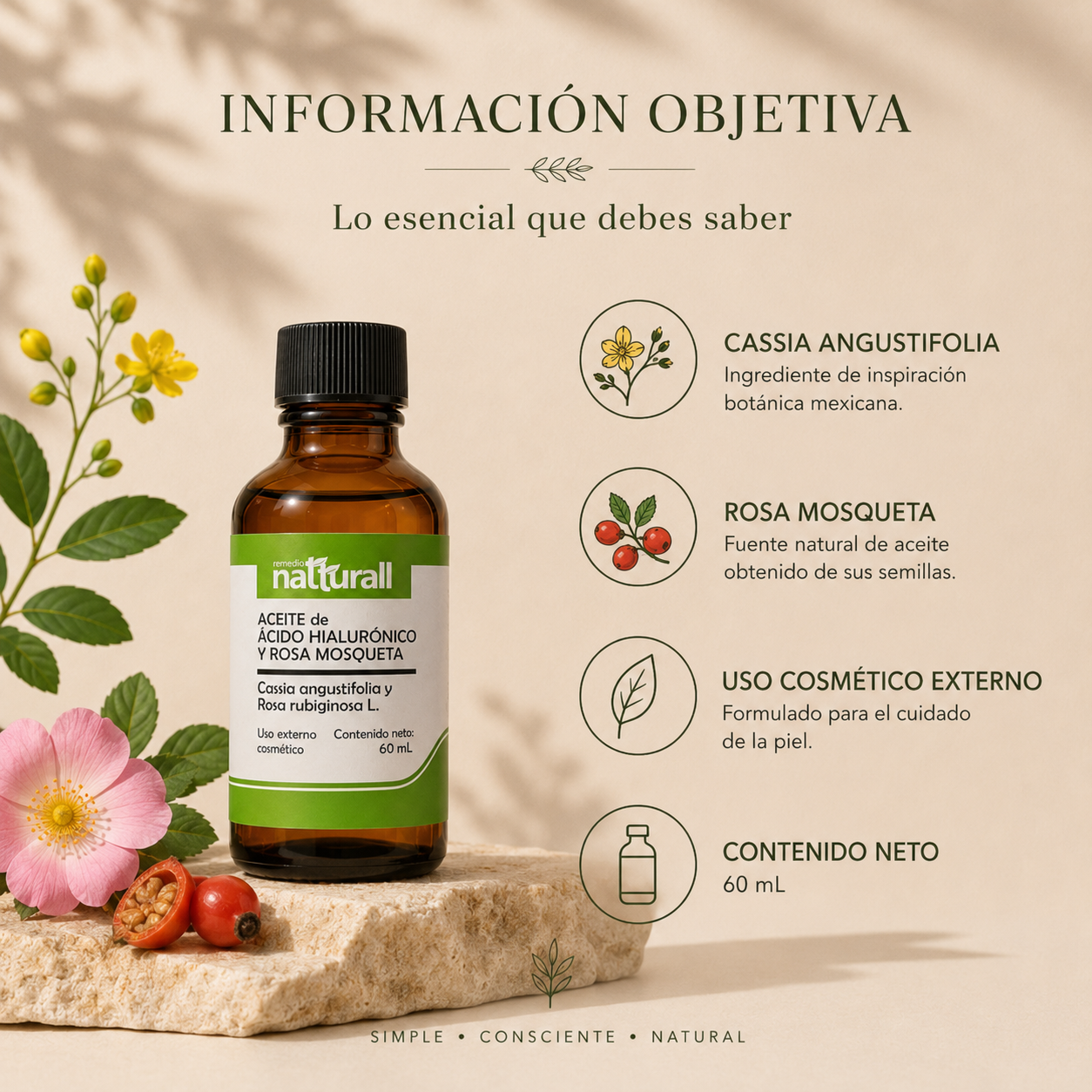 Aceite de ácido hialurónico de cassia angustifolia y rosa mosqueta 60 mL - Imagen 11
